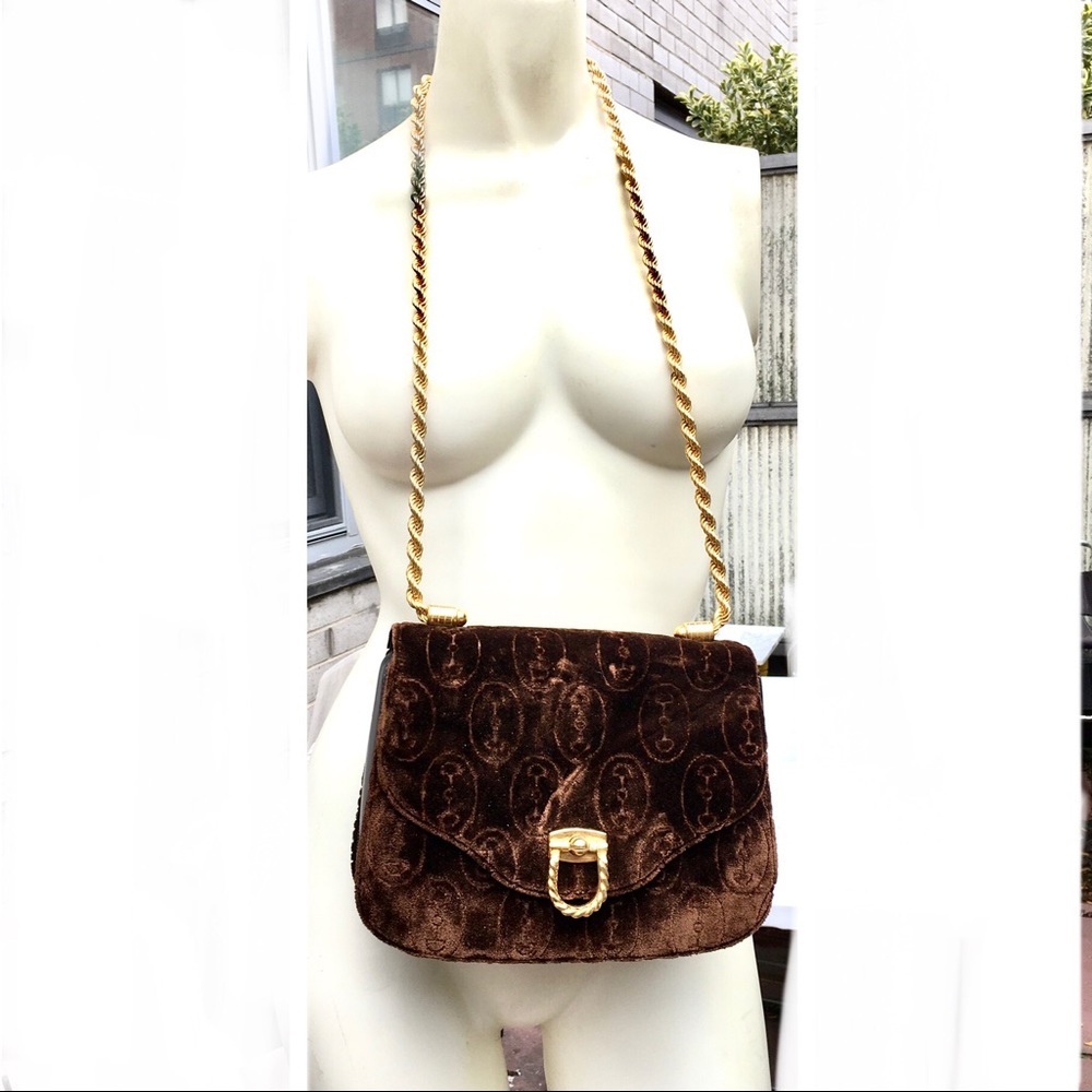 Brown Embossed Velvet Fold Over Lock Clutch Chain